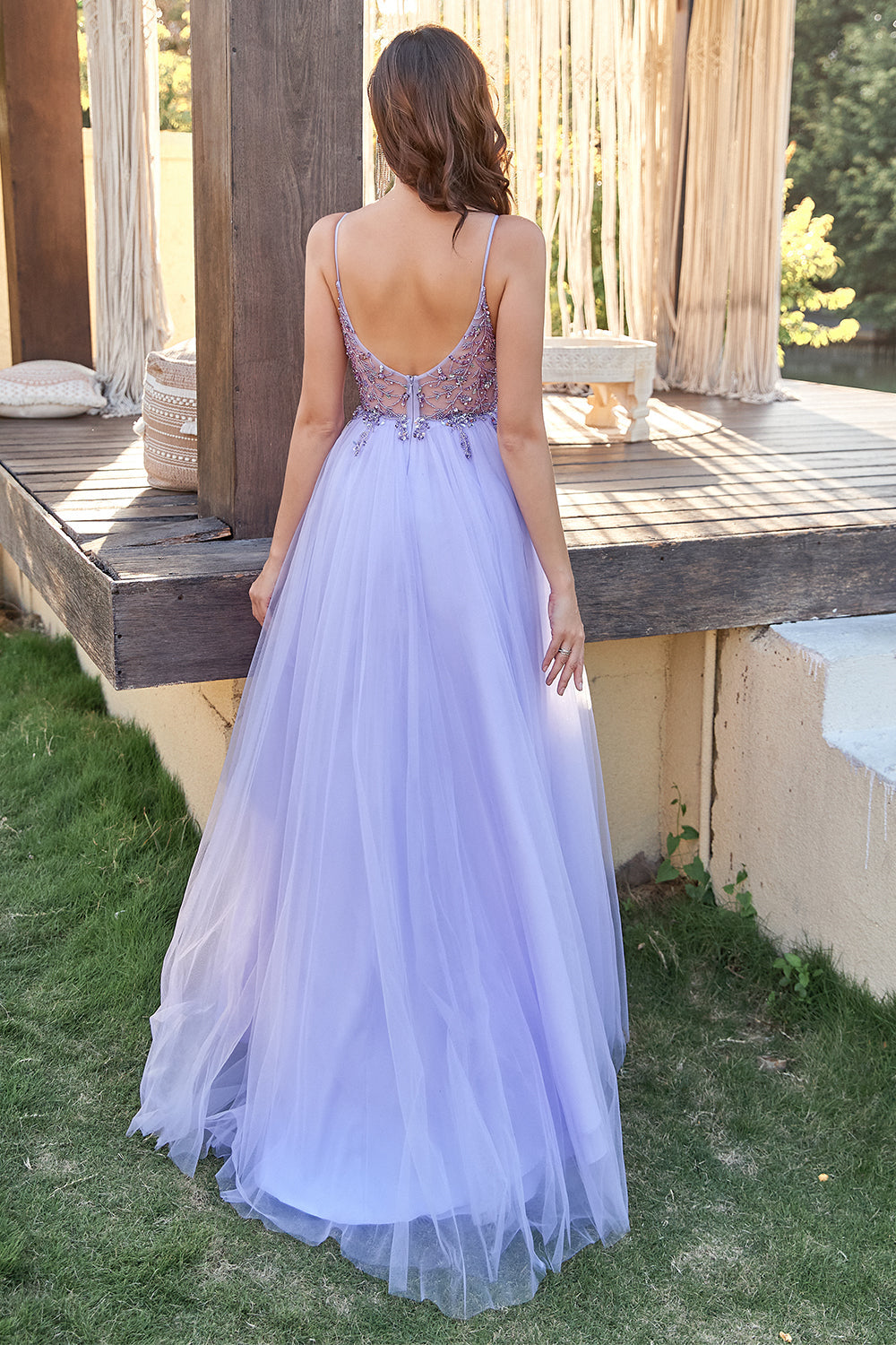 Lavender Tulle A-line Prom Dress with Beading Open Back Long Sexy