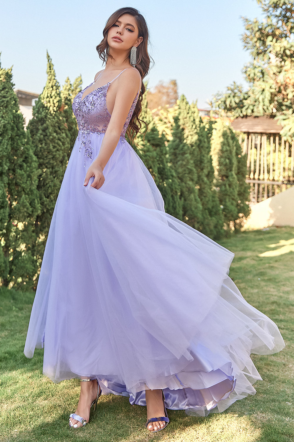 Lavender Tulle A-line Prom Dress with Beading Open Back Long Sexy