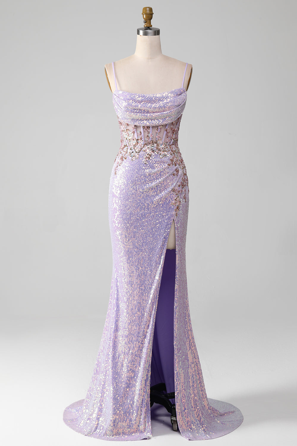 Lilac Sparkly Spaghetti Straps Mermaid Prom Dress with Slit Sexy