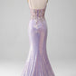 Lilac Sparkly Spaghetti Straps Mermaid Prom Dress with Slit Sexy