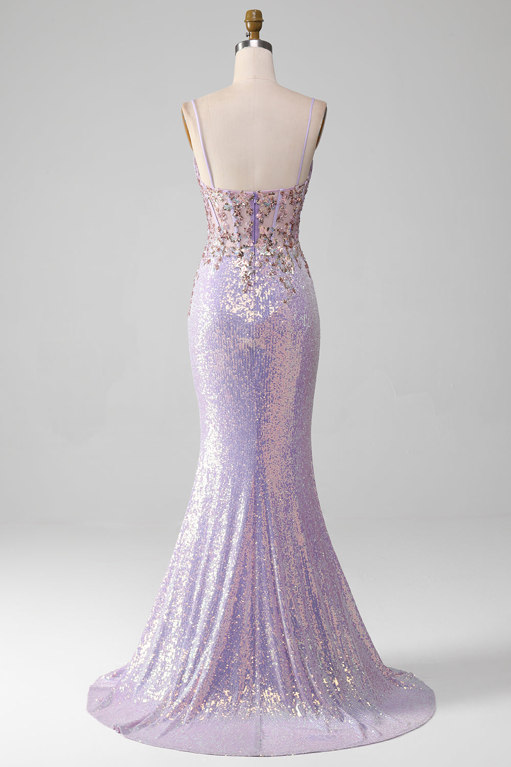 Lilac Sparkly Spaghetti Straps Mermaid Prom Dress with Slit Sexy