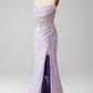 Lilac Sparkly Spaghetti Straps Mermaid Prom Dress with Slit Sexy