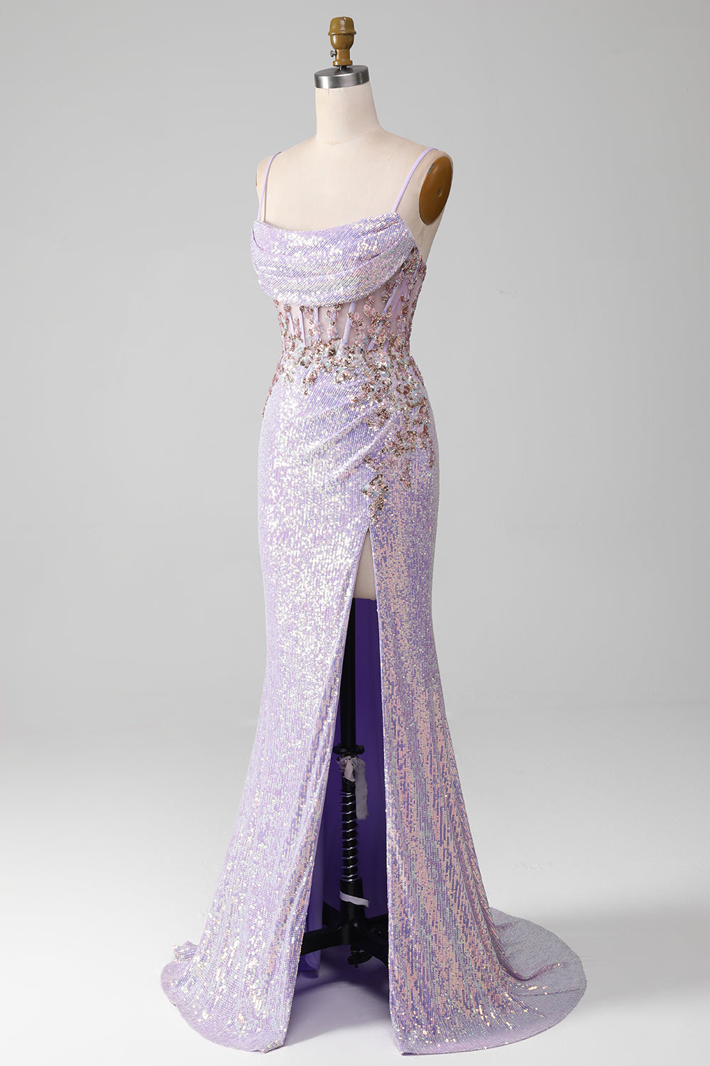 Lilac Sparkly Spaghetti Straps Mermaid Prom Dress with Slit Sexy