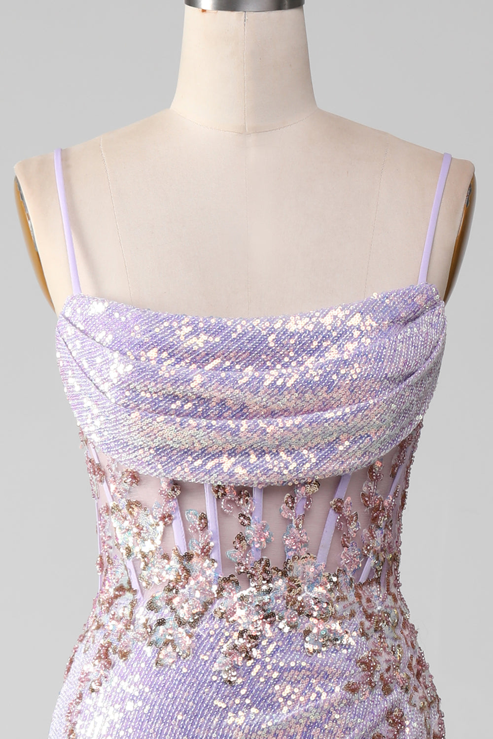 Lilac Sparkly Spaghetti Straps Mermaid Prom Dress with Slit Sexy