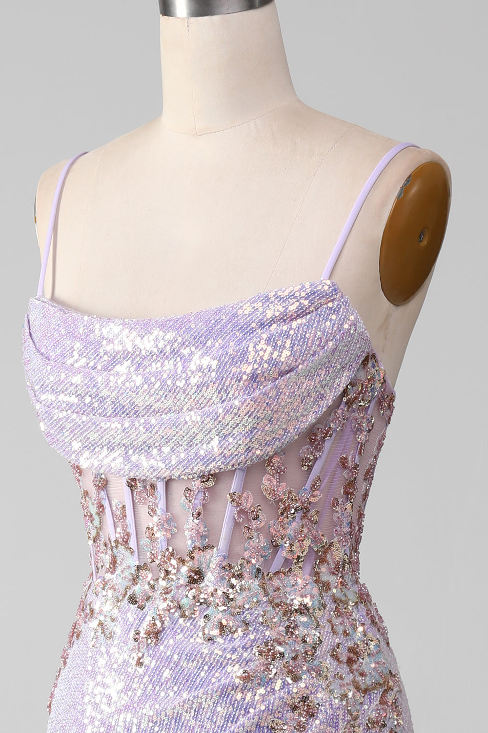 Lilac Sparkly Spaghetti Straps Mermaid Prom Dress with Slit Sexy