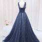 Blue Tulle Beaded Long Prom Dress Evening Party Dress Sparkly