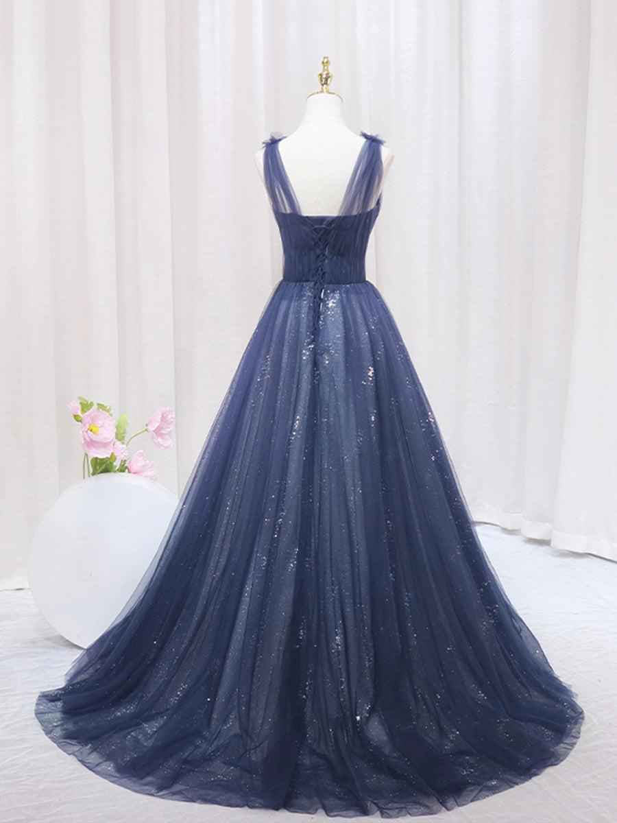 Blue Tulle Beaded Long Prom Dress Evening Party Dress Sparkly