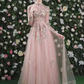 A-Line Cut Out Floral Prom Formal Evening Dress High Neck Long Sleeve Floor Length Organza