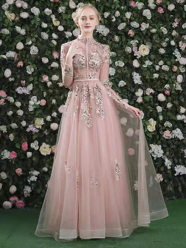 A-Line Cut Out Floral Prom Formal Evening Dress High Neck Long Sleeve Floor Length Organza