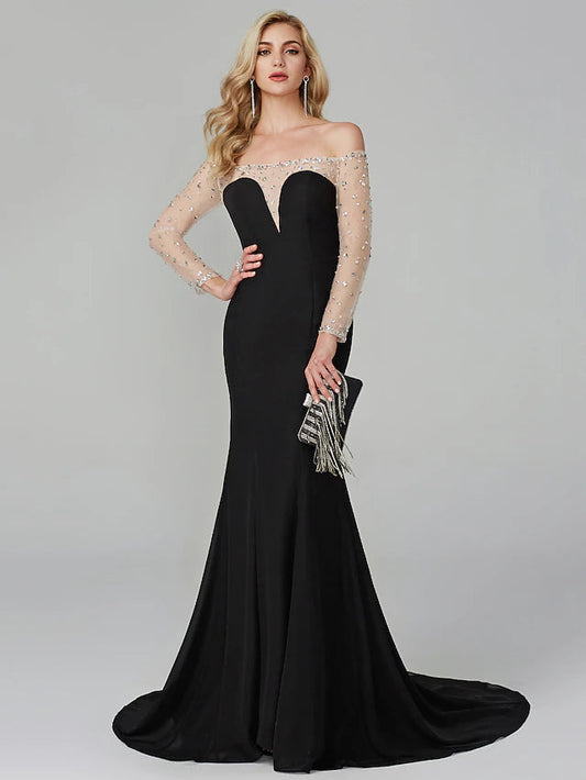 Mermaid / Trumpet See Through Dress Holiday Floor Length Long Sleeve Off Shoulder Chiffon