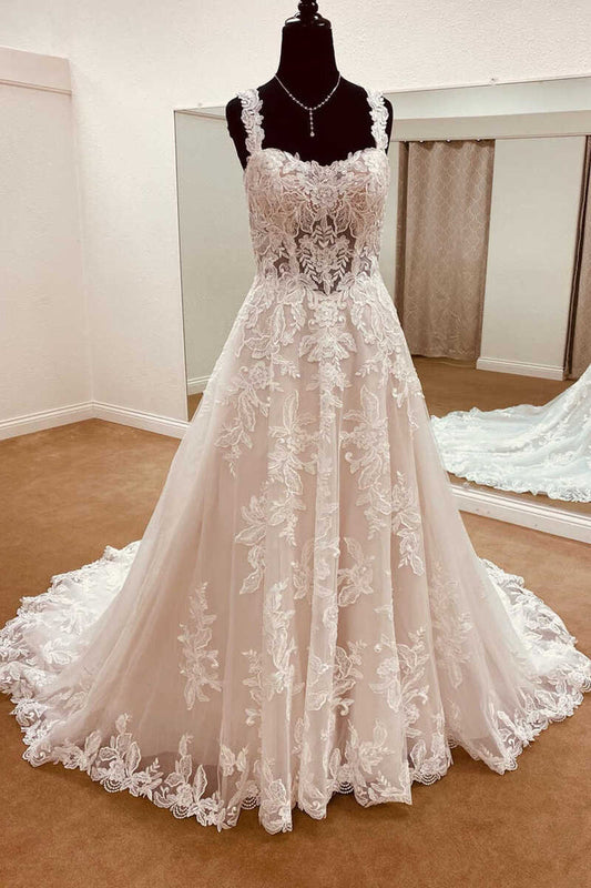 Wedding Dresses Lace Sweetheart Straps A-Line Long Bridal Gown Beautiful