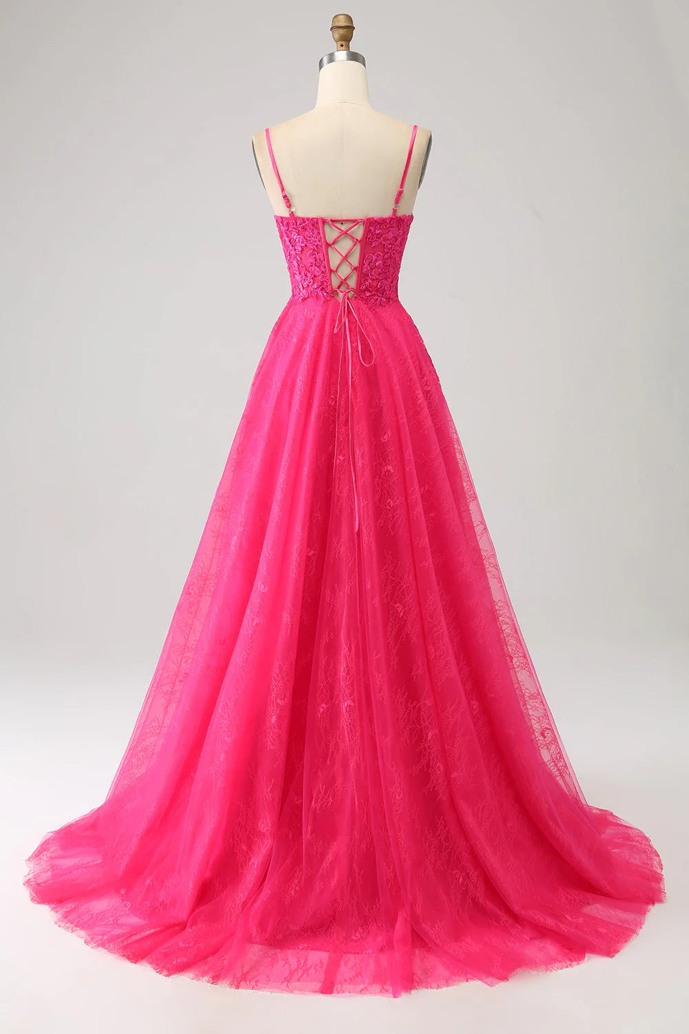 A-Line Corset Lace Long Prom Dress with Slit Pure Color Sexy