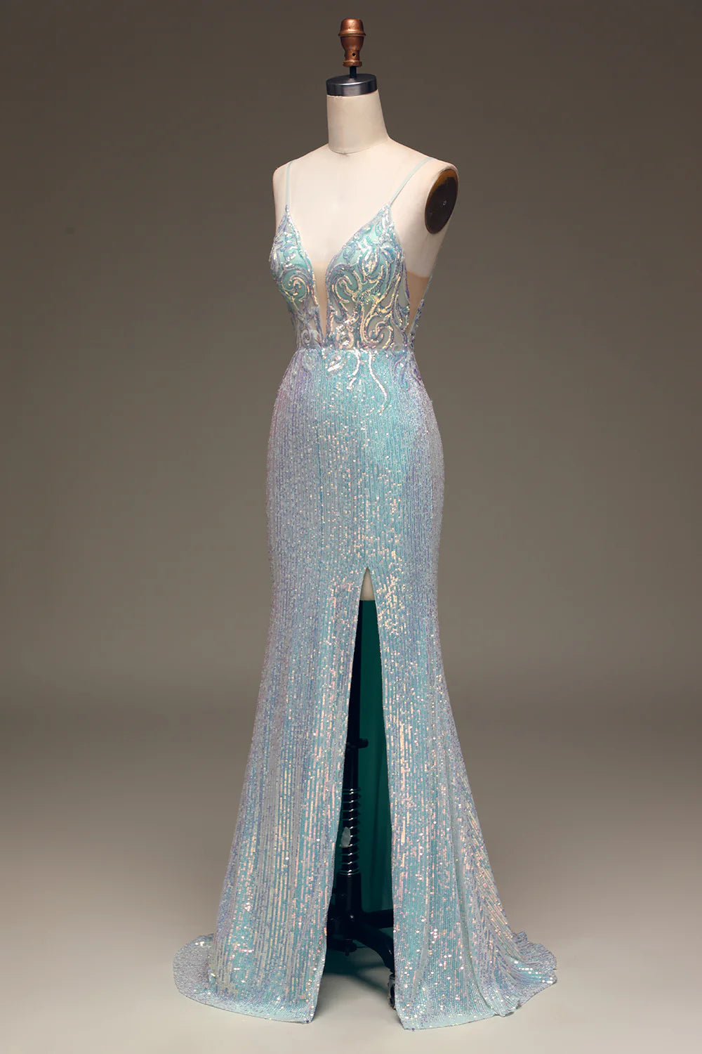 Mermaid Sequins Prom Dress with Split Front V-neck Sexy