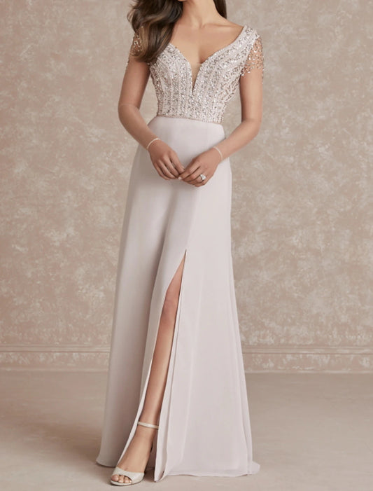 A-Line Evening Gown Glittering Dress Engagement Sweep / Brush Train Short Sleeve V Neck Chiffon with Sequin