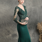 Mermaid / Trumpet Prom Dresses Elegant Dress Formal Sweep / Brush Train Long Sleeve V Neck Cotton Blend with Beading