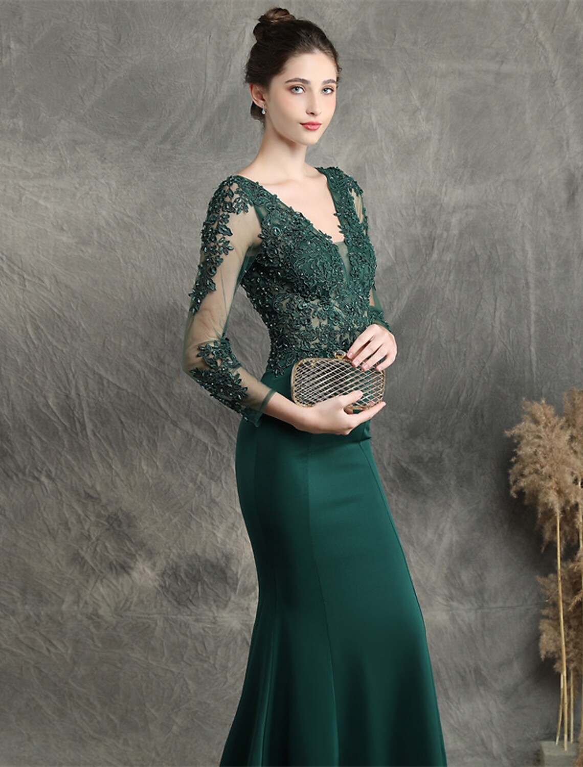 Mermaid / Trumpet Prom Dresses Elegant Dress Formal Sweep / Brush Train Long Sleeve V Neck Cotton Blend with Beading