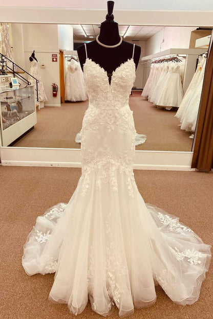 White Lace Straps Backless Trumpet Long Wedding Dress Sexy