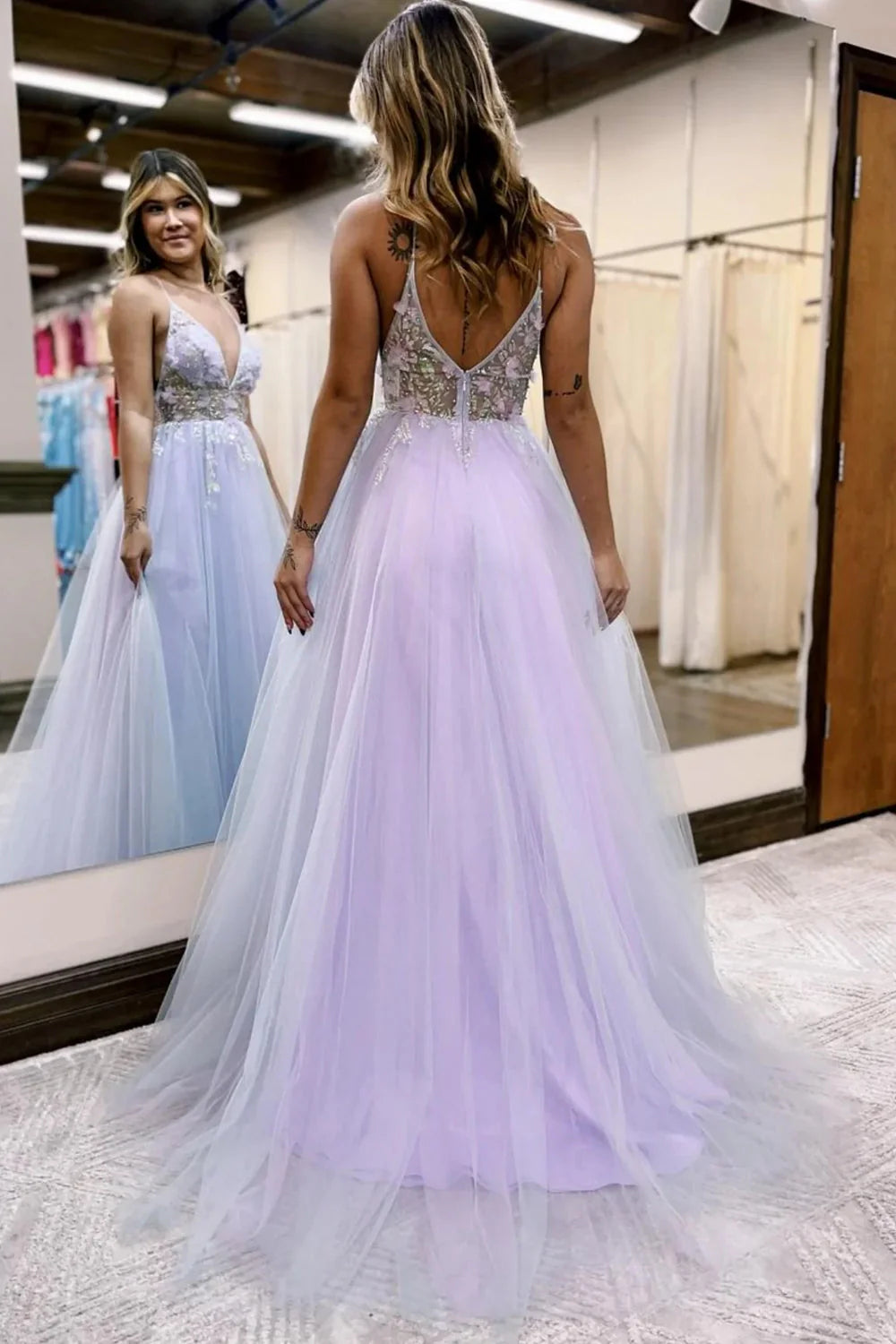 A-Line Tulle Prom Dress with Flowers Long