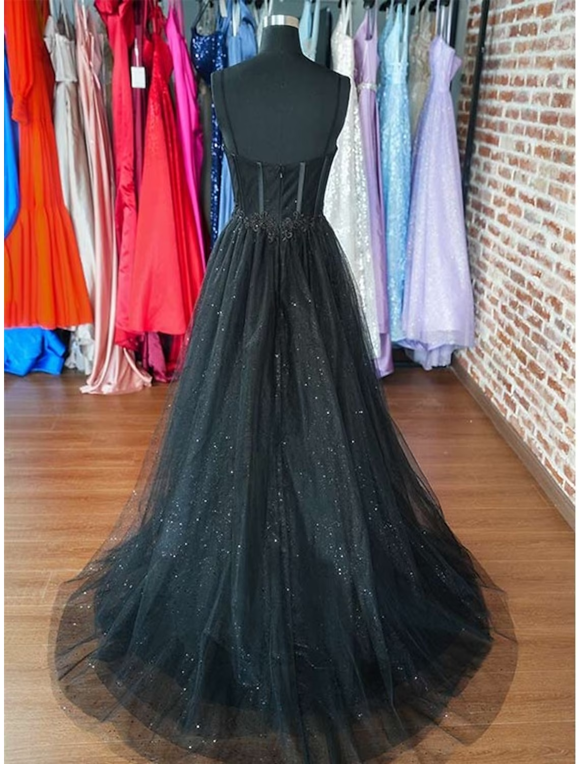 A-Line Prom Dresses Glitter Formal Gothic Dress Graduation Floor Length Sleeveless Sweetheart Spaghetti Tulle Party Dresses