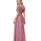 A-Line Evening Gown Empire Dress Wedding Guest Floor Length Short Sleeve V Neck Tulle with Ruched