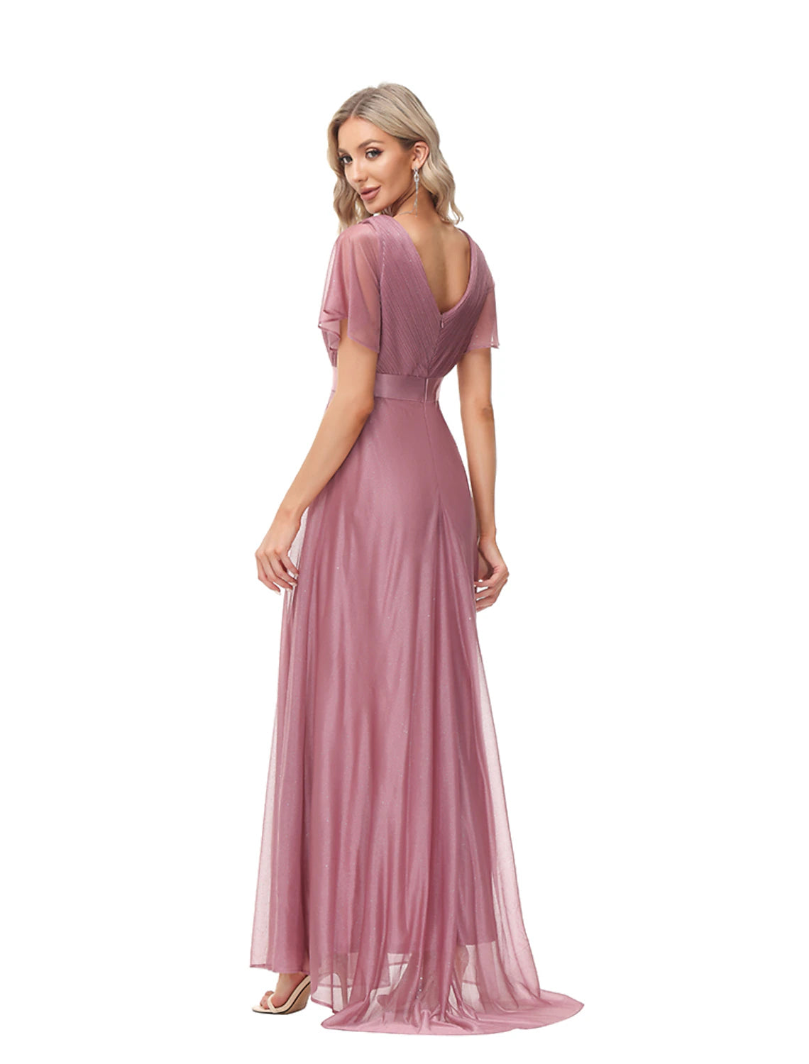 A-Line Evening Gown Empire Dress Wedding Guest Floor Length Short Sleeve V Neck Tulle with Ruched