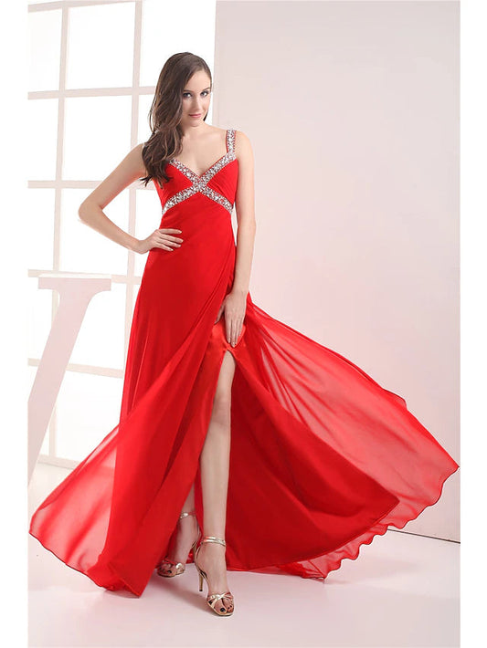 A-Line Evening Gown Elegant Dress Formal Evening Floor Length Sleeveless V Neck Chiffon with Ruched Beading