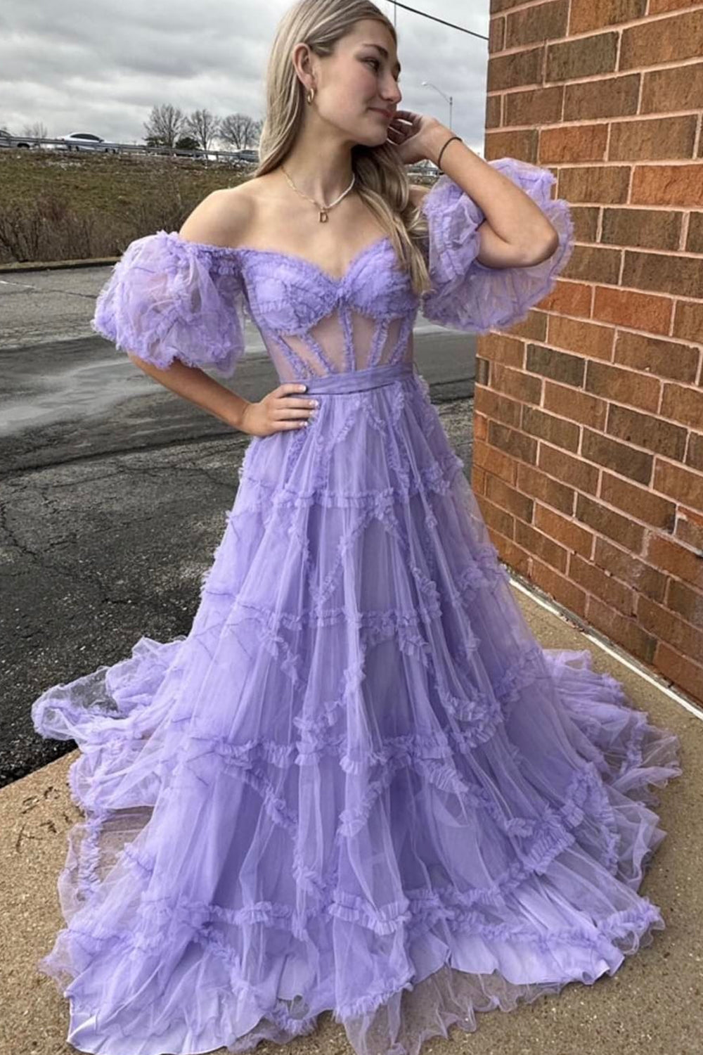 Purple Tulle Off The Shoulder Prom Dress Long Sexy