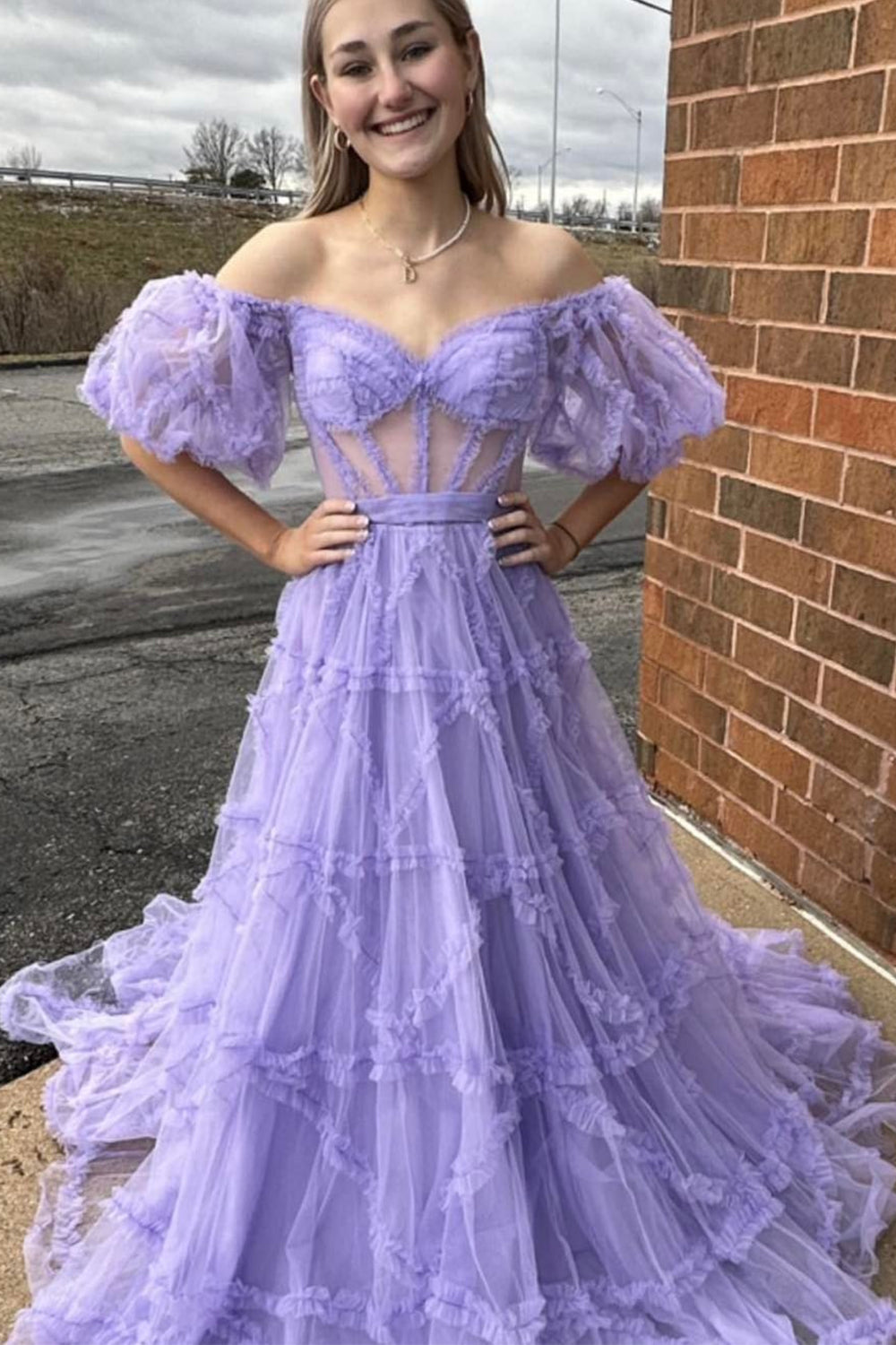 Purple Tulle Off The Shoulder Prom Dress Long Sexy