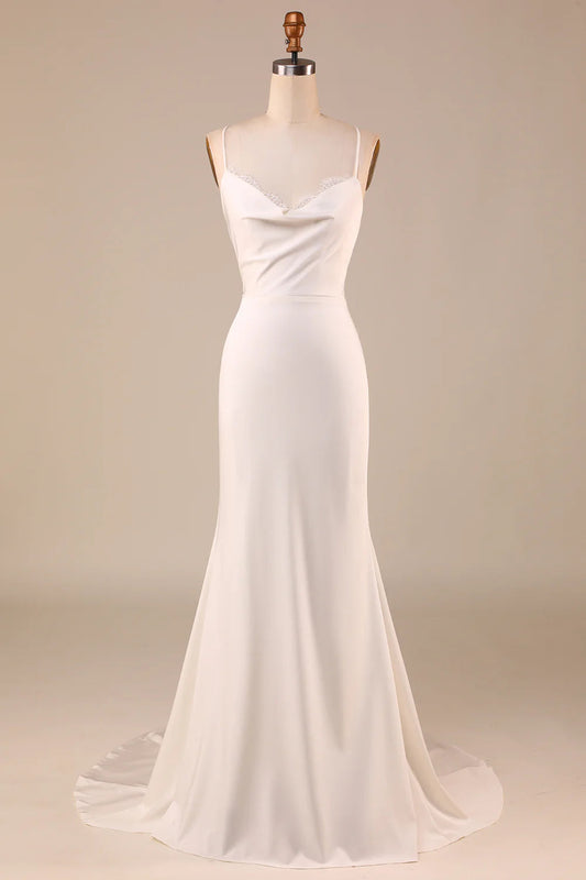 Mermaid Lace-Up Back Long Wedding Dress Pure Color