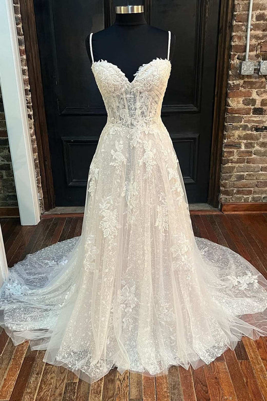 White Floral Lace Sweetheart Straps A-Line Long Bridal Gown Sexy