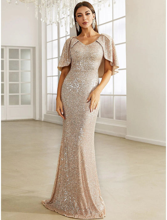 Mermaid / Trumpet Evening Gown Elegant Dress Formal Fall Sweep / Brush Train Half Sleeve V Neck Sequined