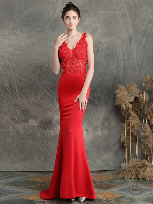 Mermaid / Trumpet Evening Gown Elegant Dress Formal Sweep / Brush Train Sleeveless V Neck Cotton Blend with Beading