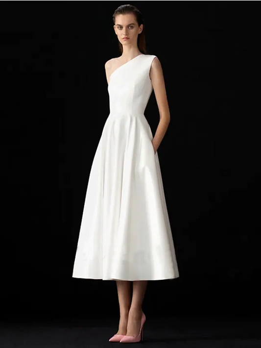 A-Line Wedding Dresses One Shoulder Tea Length Spandex Sleeveless Simple with Pleats Pure Color