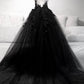 Black Tulle Long Prom Dresses A-Line Lace Evening Party Dresses Sexy