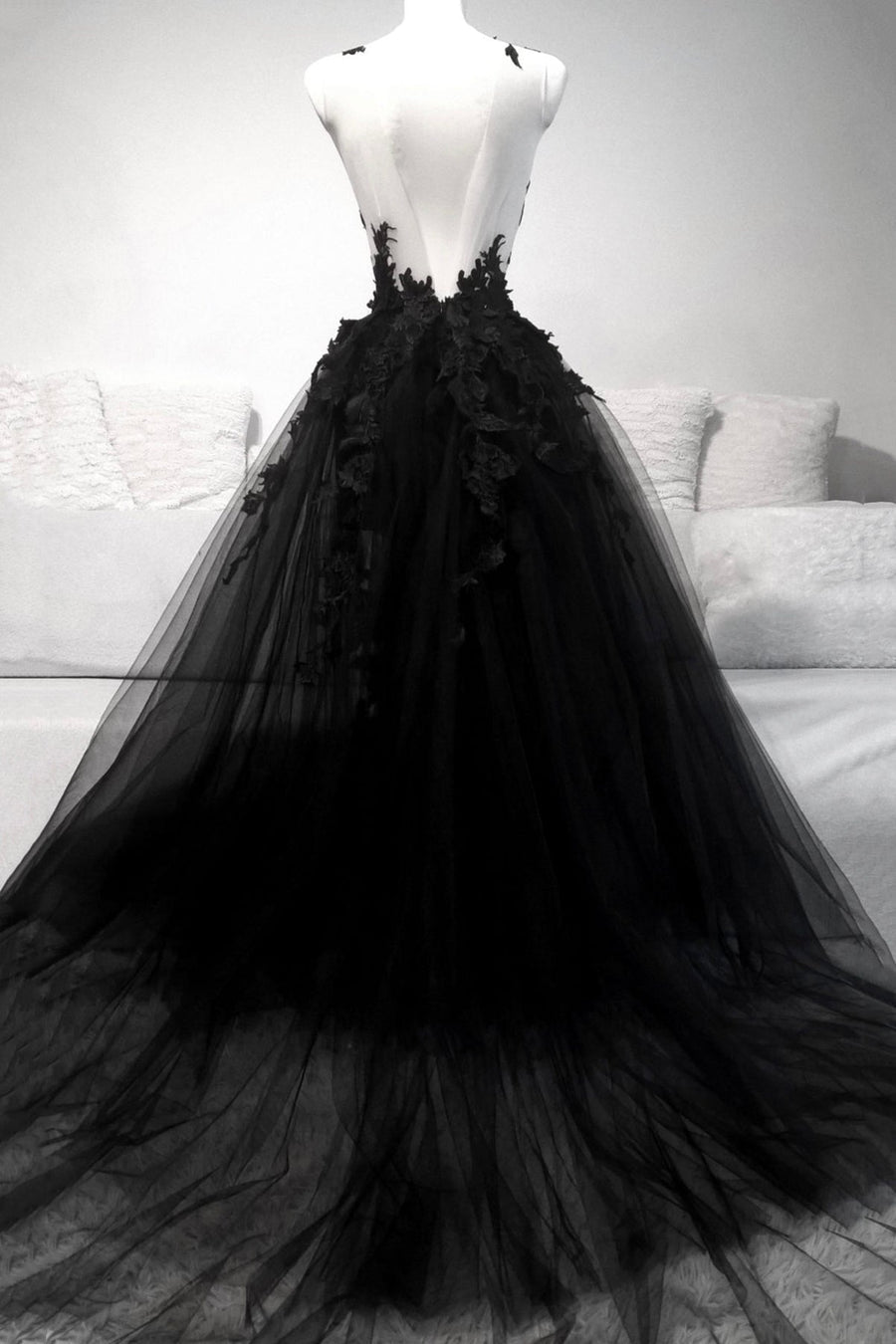 Black Tulle Long Prom Dresses A-Line Lace Evening Party Dresses Sexy