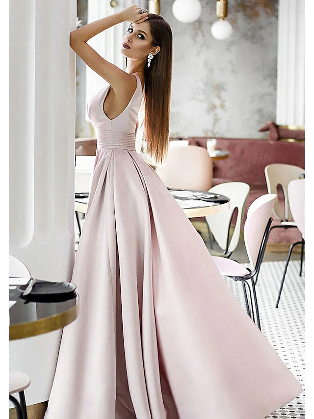 A-Line Elegant Engagement Formal Evening Dress V Neck Sleeveless Sweep / Brush Train Satin