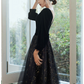 A-Line Evening Gown Sparkle Dress Wedding Guest Floor Length Long Sleeve V Neck Satin