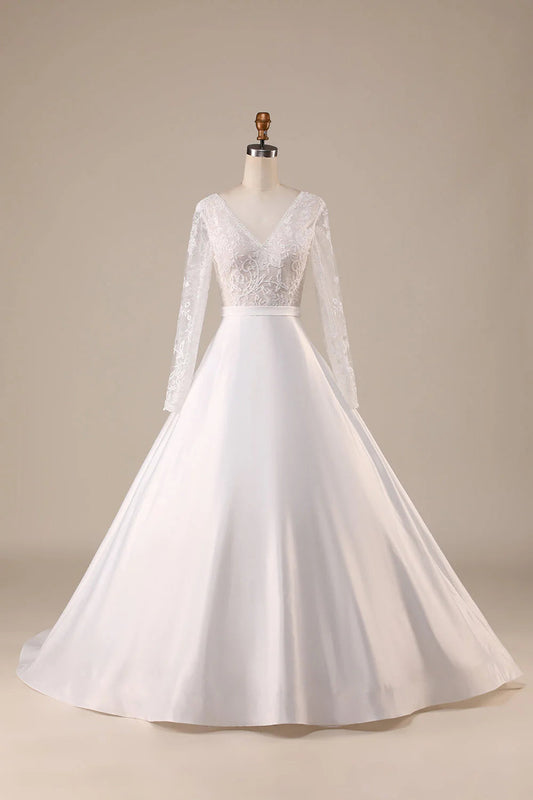 Satin Sweep Train Long Sleeves Wedding Dress Beautiful
