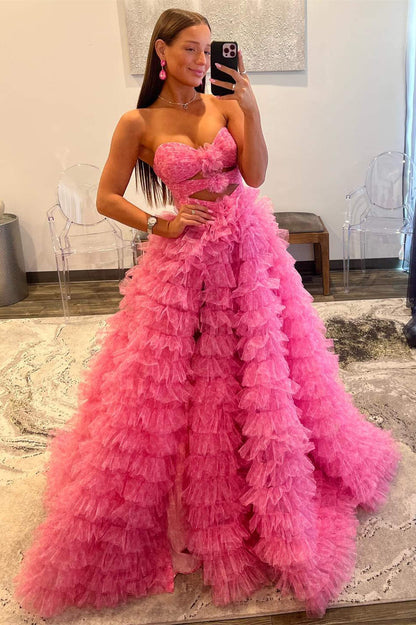 A Line Strapless Keyhole Tulle Print Ruffle Tiered Prom Dress Off Shoulder Floor Length
