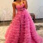 A Line Strapless Keyhole Tulle Print Ruffle Tiered Prom Dress Off Shoulder Floor Length