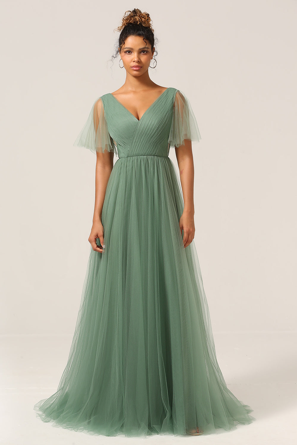 Eucalyptus A Line V Neck Floor Length Tulle Bridesmaid Dress Sexy Party Dresses