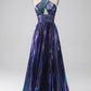 Sparkly Purple A-Line Halter Pleated Prom Dress with Slit Sexy Evening Dresses