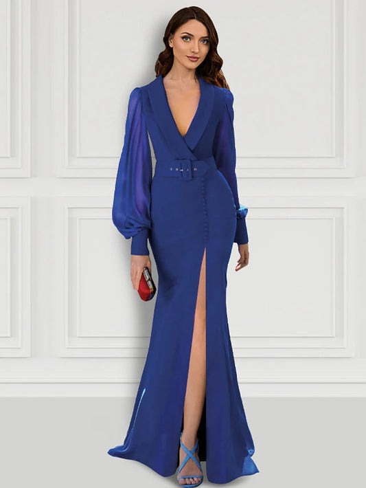 Mermaid / Trumpet Evening Gown Elegant Dress Formal Sweep / Brush Train Long Sleeve V Neck Belt / Sash Stretch Fabric with Buttons