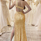 Golden Mermaid One Shoulder Fringe Glitter Sequin Prom Dress With Slit Sexy Evening Dresses