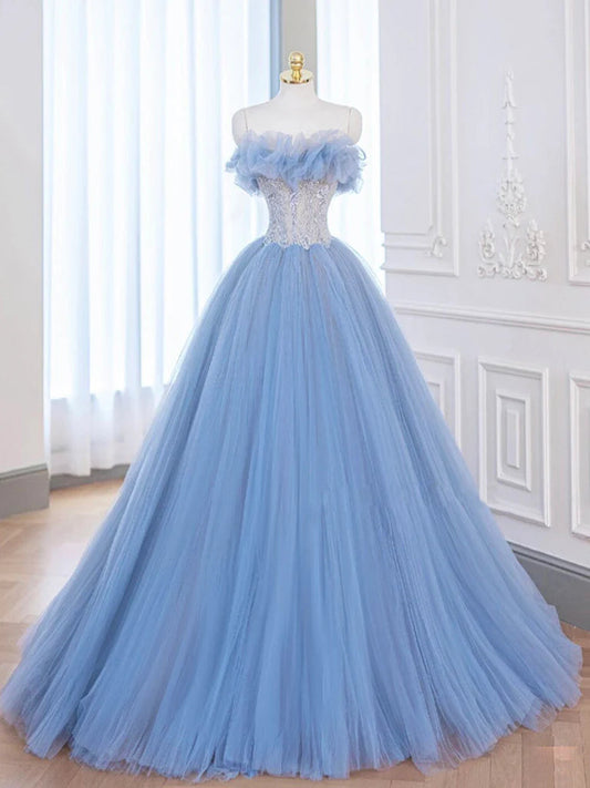 A-Line Tulle Lace Long Prom Dress Blue