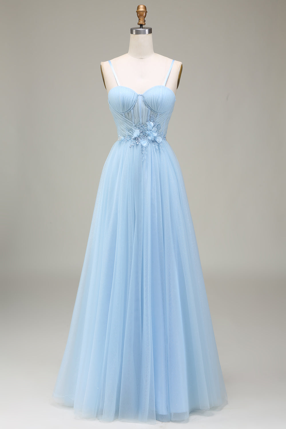 Light Blue A-Line Tulle Long Prom Dress With Appliques Floor Length Beautiful