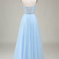 Light Blue A-Line Tulle Long Prom Dress With Appliques Floor Length Beautiful