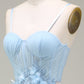 Light Blue A-Line Tulle Long Prom Dress With Appliques Floor Length Beautiful