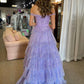 A Line Off The Shoulder Tulle Tiered Ruffle Prom Dresses Sparkly