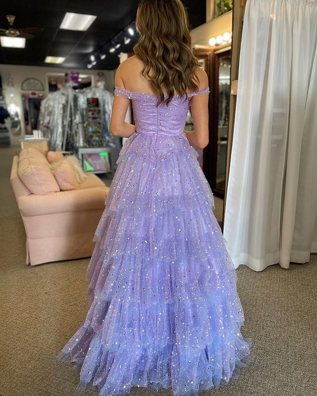 A Line Off The Shoulder Tulle Tiered Ruffle Prom Dresses Sparkly